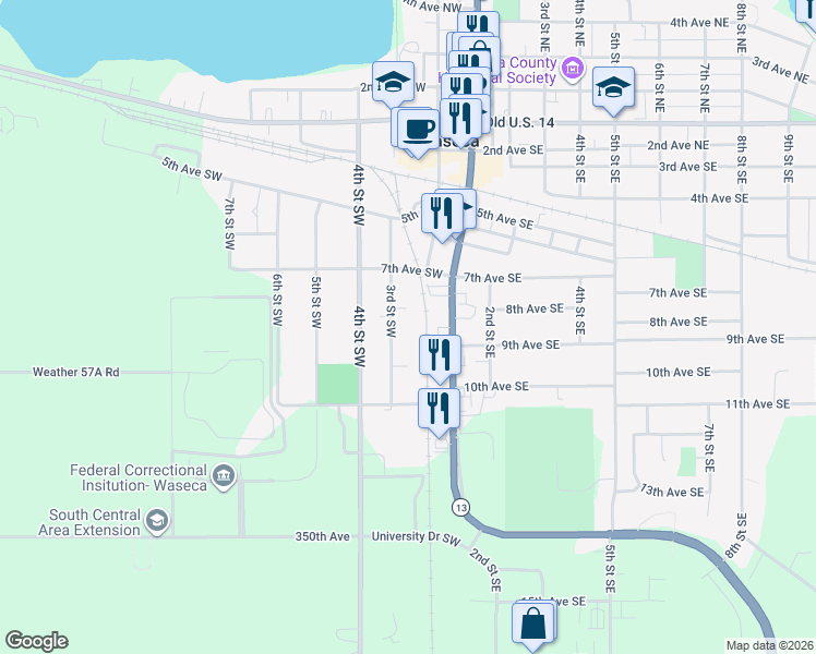 map of restaurants, bars, coffee shops, grocery stores, and more near 811 3rd Street Southwest in Waseca