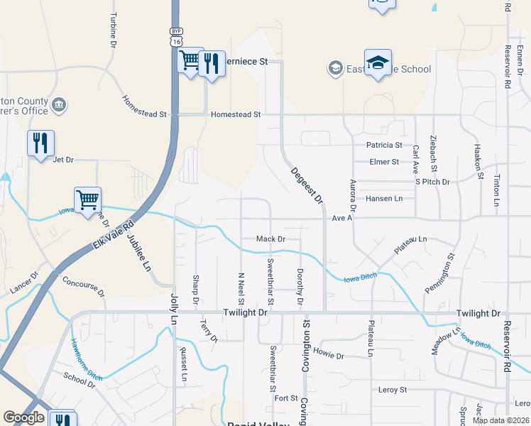 map of restaurants, bars, coffee shops, grocery stores, and more near 4316 Avenue A in Rapid City