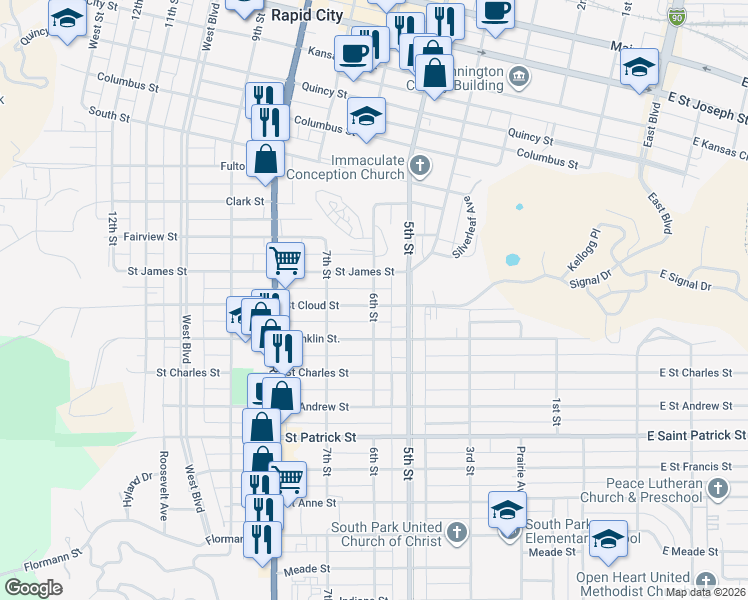 map of restaurants, bars, coffee shops, grocery stores, and more near 6th Street in Rapid City