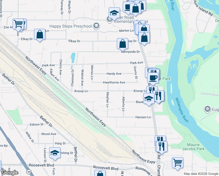 map of restaurants, bars, coffee shops, grocery stores, and more near 655 Mayfair Lane in Eugene