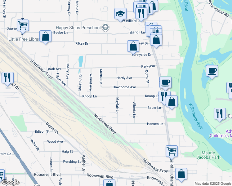 map of restaurants, bars, coffee shops, grocery stores, and more near 655 Mayfair Lane in Eugene