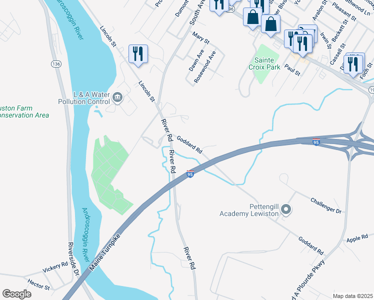 map of restaurants, bars, coffee shops, grocery stores, and more near 55 Goddard Road in Lewiston