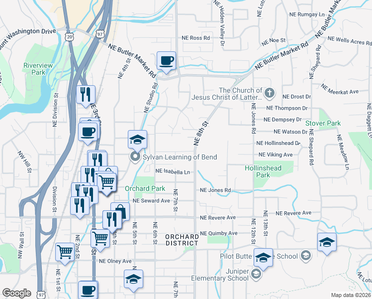 map of restaurants, bars, coffee shops, grocery stores, and more near 2195 Northeast 8th Street in Bend