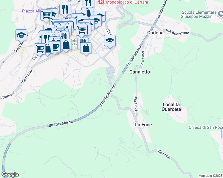map of restaurants, bars, coffee shops, grocery stores, and more near 1 Via San Francesco in Provincia di Massa e Carrara