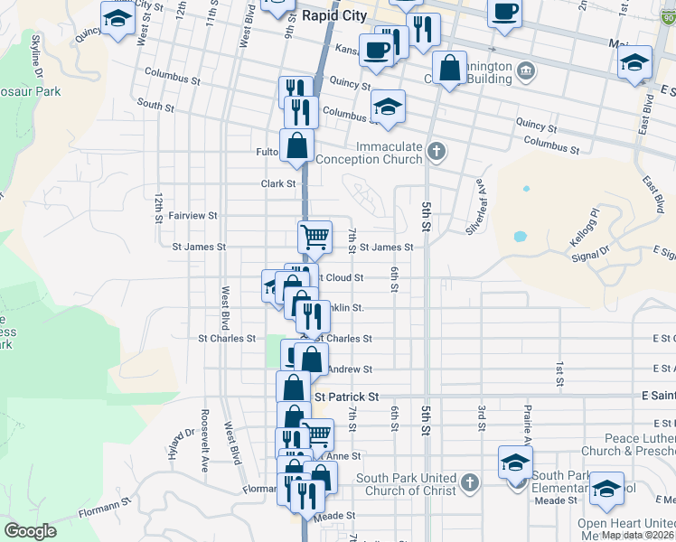 map of restaurants, bars, coffee shops, grocery stores, and more near 712 Saint Cloud Street in Rapid City