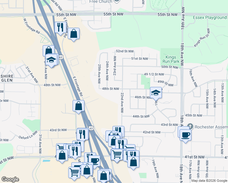 map of restaurants, bars, coffee shops, grocery stores, and more near 2521 Pennington Drive Northwest in Rochester