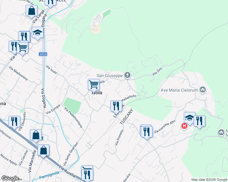 map of restaurants, bars, coffee shops, grocery stores, and more near 15 Via Montebarbuto in Isola