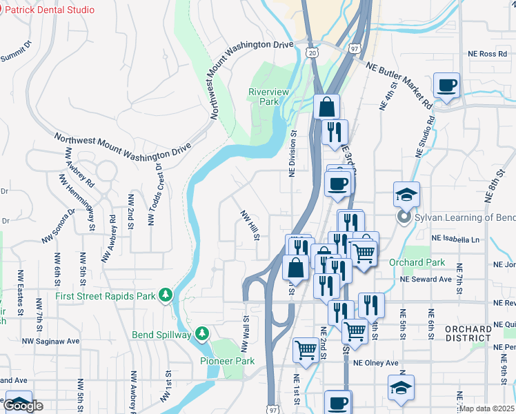 map of restaurants, bars, coffee shops, grocery stores, and more near 2217 Northwest Deschutes Place in Bend