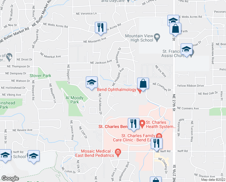 map of restaurants, bars, coffee shops, grocery stores, and more near 2010 Northeast Patterson Court in Bend