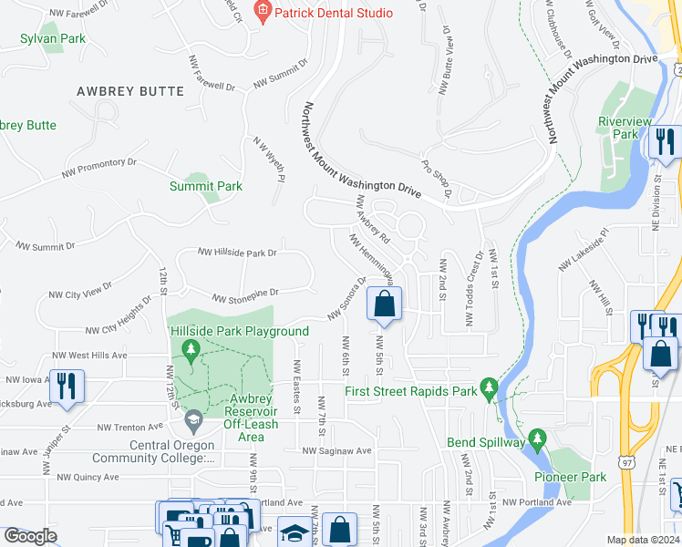 map of restaurants, bars, coffee shops, grocery stores, and more near 575 Northwest Sonora Drive in Bend