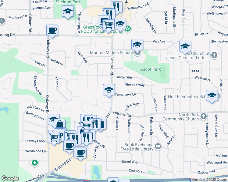 map of restaurants, bars, coffee shops, grocery stores, and more near 2704 Tomahawk Lane in Eugene