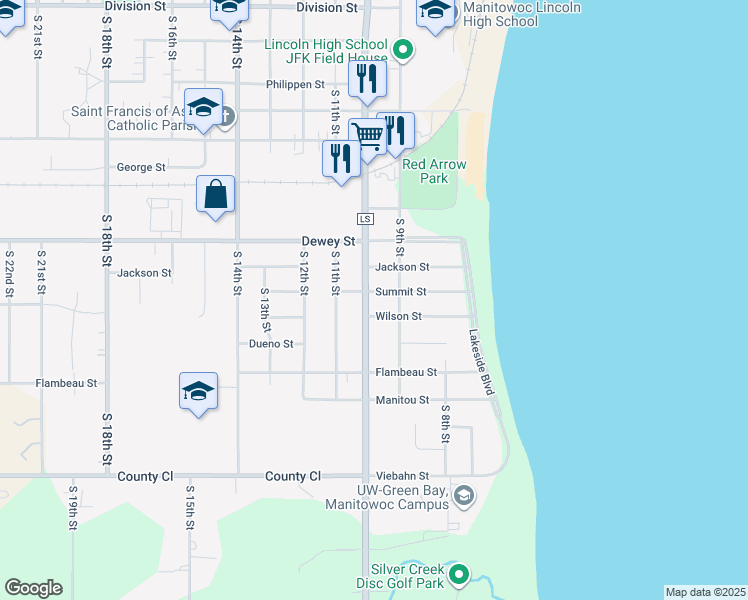 map of restaurants, bars, coffee shops, grocery stores, and more near 910 Wilson Street in Manitowoc