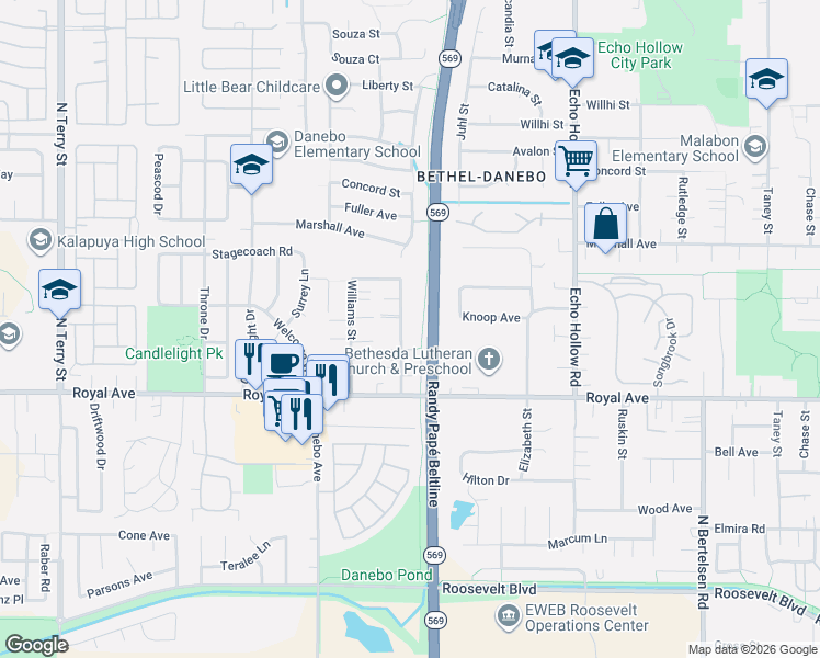 map of restaurants, bars, coffee shops, grocery stores, and more near 30 Sheffield Court in Eugene