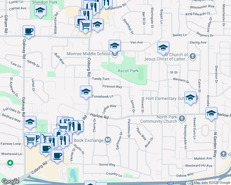 map of restaurants, bars, coffee shops, grocery stores, and more near 2859 Tomahawk Lane in Eugene