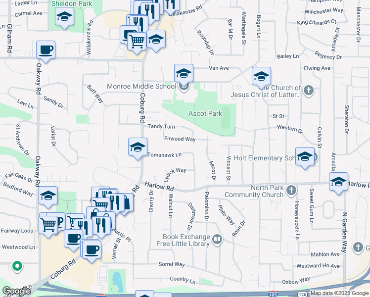 map of restaurants, bars, coffee shops, grocery stores, and more near 2859 Tomahawk Lane in Eugene