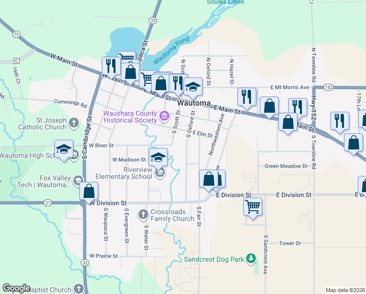 map of restaurants, bars, coffee shops, grocery stores, and more near 342 Oxford Street in Wautoma