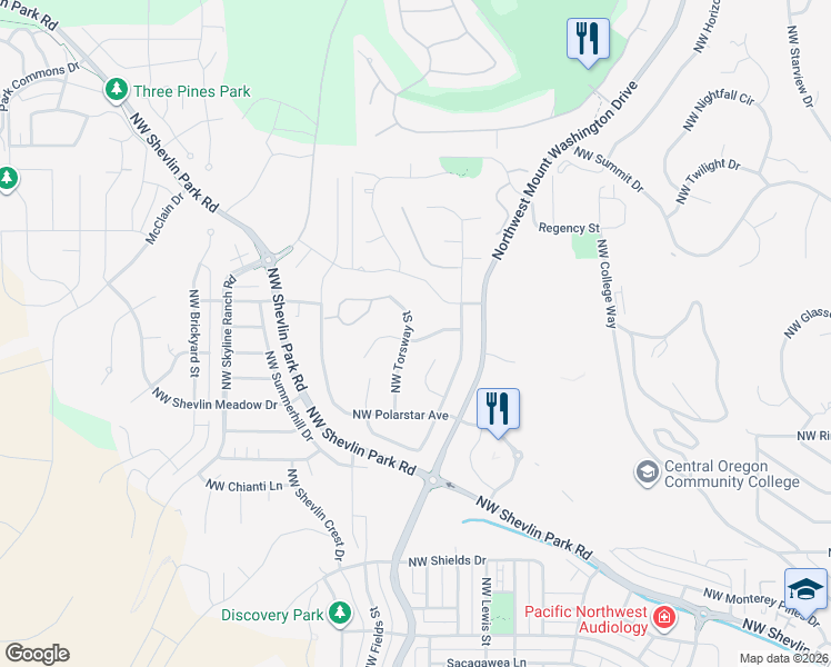 map of restaurants, bars, coffee shops, grocery stores, and more near 2701 Northwest Scandia Loop in Bend