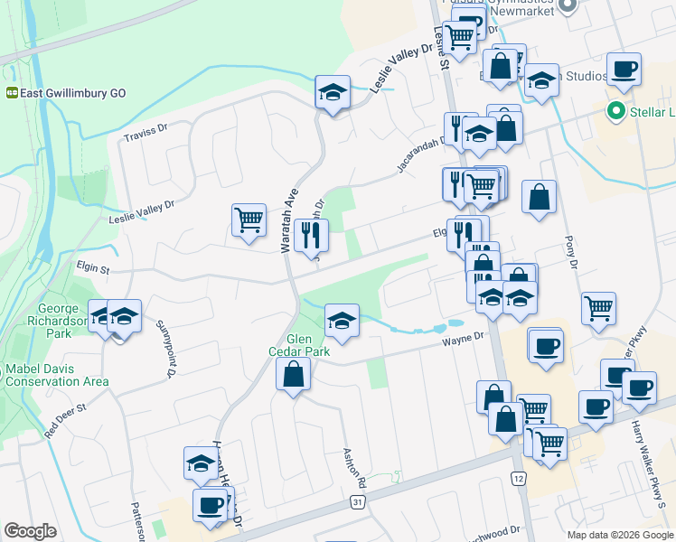 map of restaurants, bars, coffee shops, grocery stores, and more near 932 Elgin Street in Newmarket