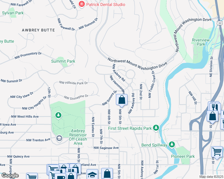 map of restaurants, bars, coffee shops, grocery stores, and more near 539 Northwest Greyhawk Avenue in Bend