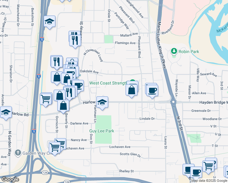 map of restaurants, bars, coffee shops, grocery stores, and more near 650 Harlow Road in Springfield