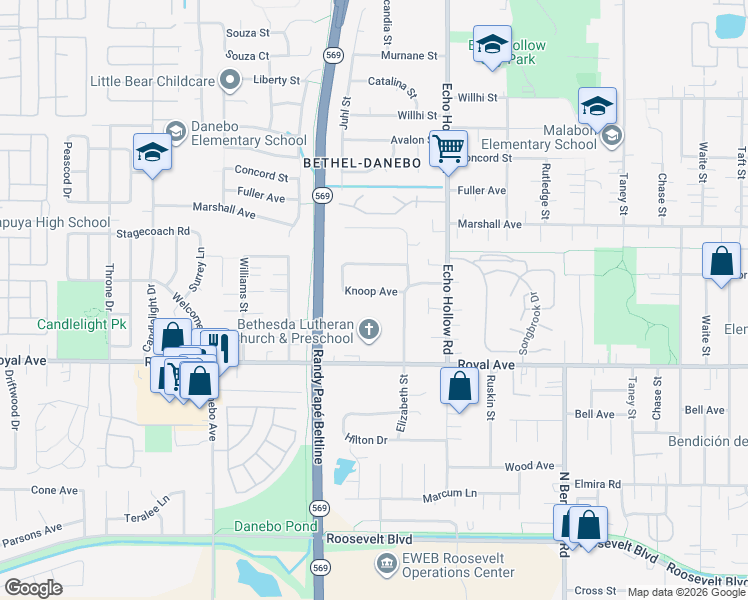 map of restaurants, bars, coffee shops, grocery stores, and more near 4448 Knoop Avenue in Eugene