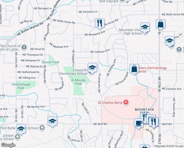 map of restaurants, bars, coffee shops, grocery stores, and more near 2150 Northeast Daggett Lane in Bend
