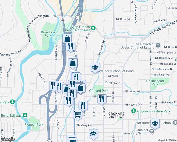 map of restaurants, bars, coffee shops, grocery stores, and more near 2248 Northeast 4th Street in Bend