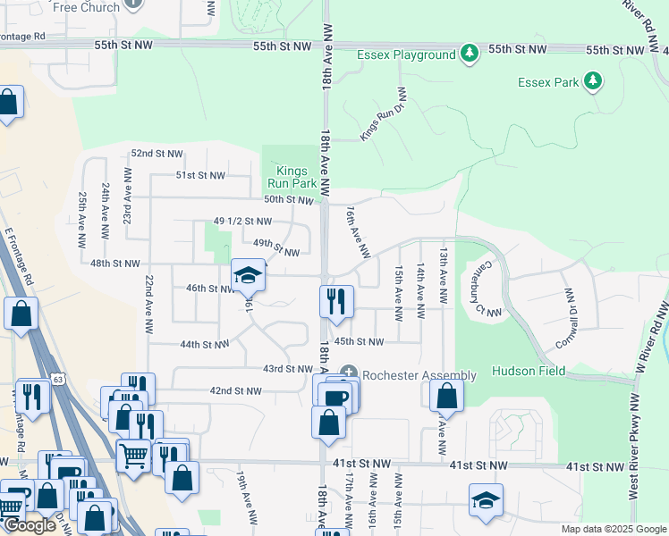 map of restaurants, bars, coffee shops, grocery stores, and more near 1737 48th Street Northwest in Rochester