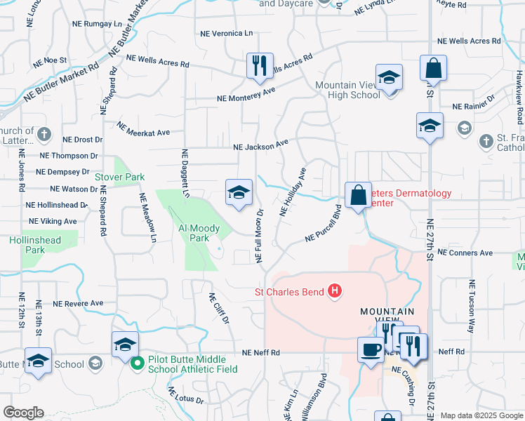 map of restaurants, bars, coffee shops, grocery stores, and more near 2061 Northeast York Circle in Bend