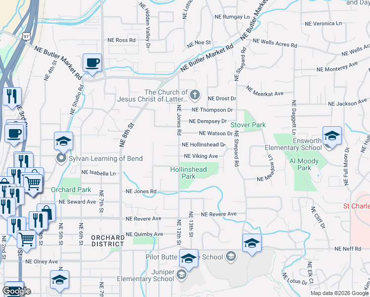 map of restaurants, bars, coffee shops, grocery stores, and more near 1211 Northeast Viking Avenue in Bend