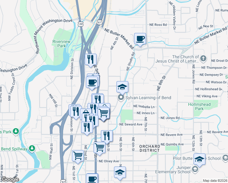 map of restaurants, bars, coffee shops, grocery stores, and more near 2206 Northeast 4th Street in Bend