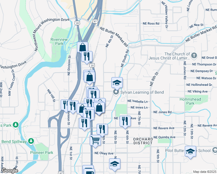 map of restaurants, bars, coffee shops, grocery stores, and more near 2206 Northeast 4th Street in Bend