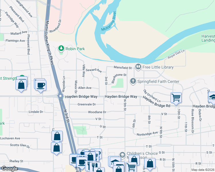 map of restaurants, bars, coffee shops, grocery stores, and more near 2550 3rd Street in Springfield