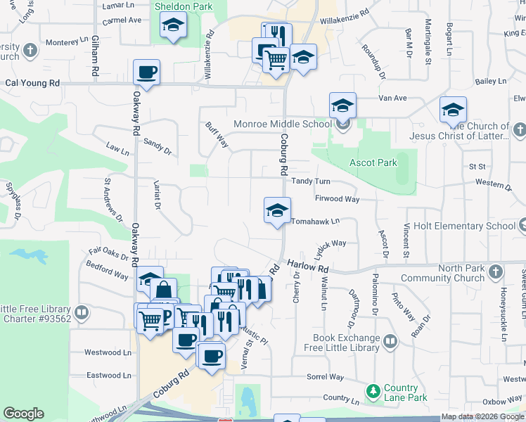 map of restaurants, bars, coffee shops, grocery stores, and more near 2656 Tomahawk Place in Eugene