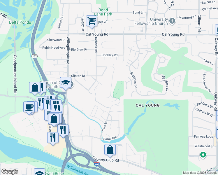 map of restaurants, bars, coffee shops, grocery stores, and more near 1230 Stone Forest Court in Eugene