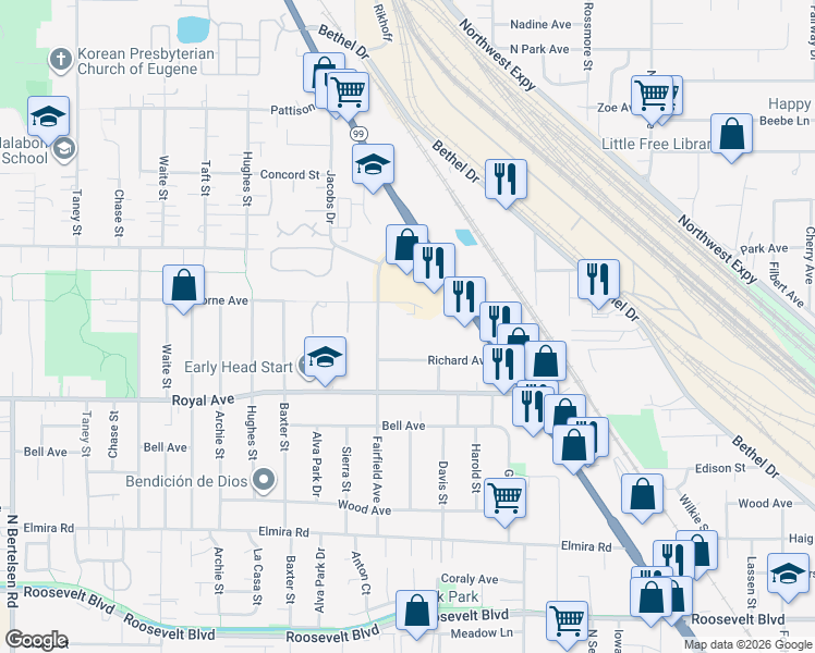 map of restaurants, bars, coffee shops, grocery stores, and more near 3339 Richard Avenue in Eugene