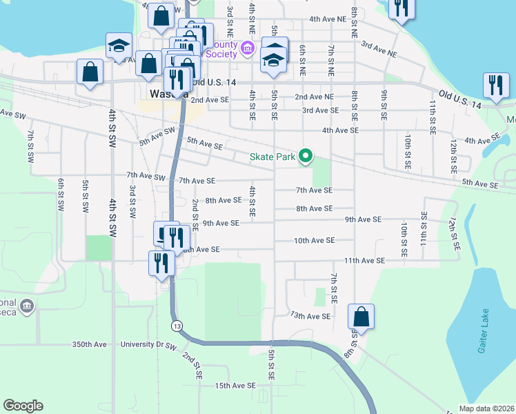 map of restaurants, bars, coffee shops, grocery stores, and more near 413 9th Avenue Southeast in Waseca