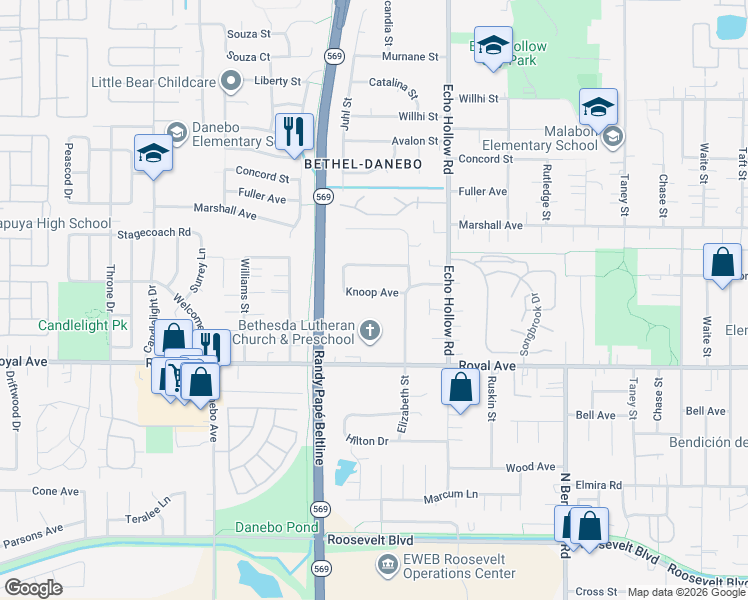 map of restaurants, bars, coffee shops, grocery stores, and more near 4448 Knoop Avenue in Eugene
