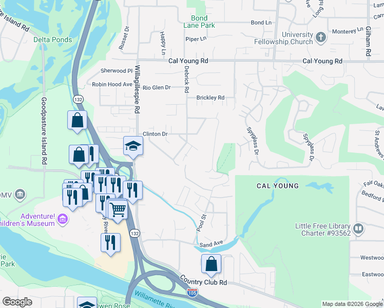 map of restaurants, bars, coffee shops, grocery stores, and more near 1105 Lantern Lane in Eugene