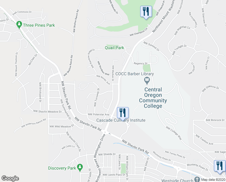 map of restaurants, bars, coffee shops, grocery stores, and more near Northwest Marken Street in Bend