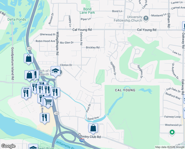 map of restaurants, bars, coffee shops, grocery stores, and more near 1230 Stone Forest Court in Eugene