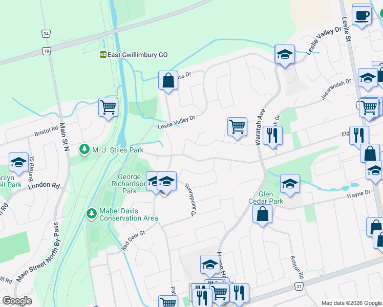 map of restaurants, bars, coffee shops, grocery stores, and more near 741 Greenfield Crescent in Newmarket