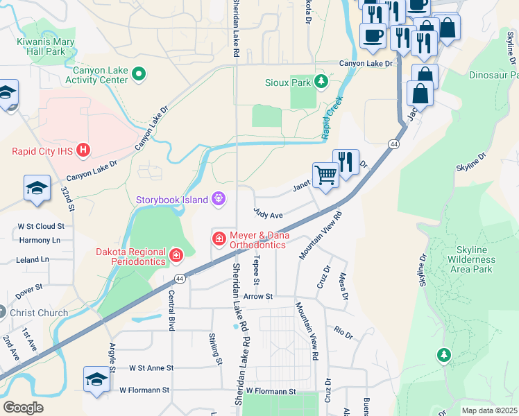 map of restaurants, bars, coffee shops, grocery stores, and more near 2429 Judy Avenue in Rapid City