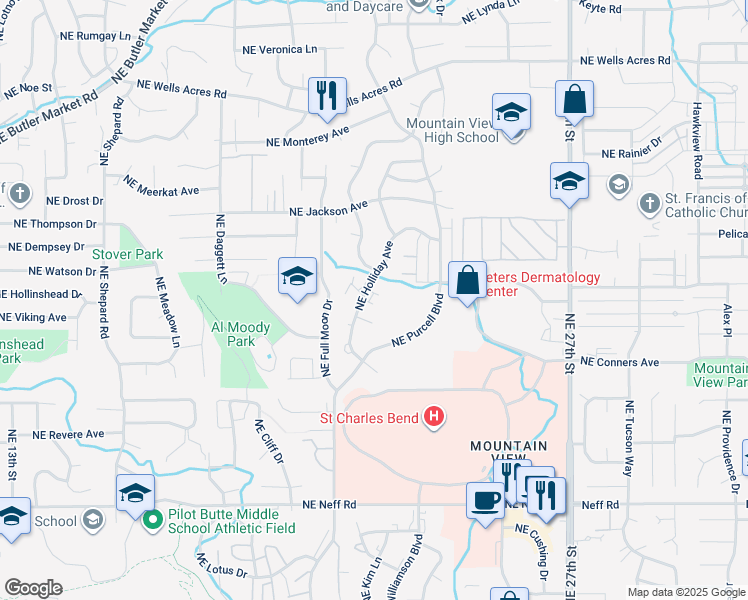 map of restaurants, bars, coffee shops, grocery stores, and more near 2202 Northeast Holliday Avenue in Bend