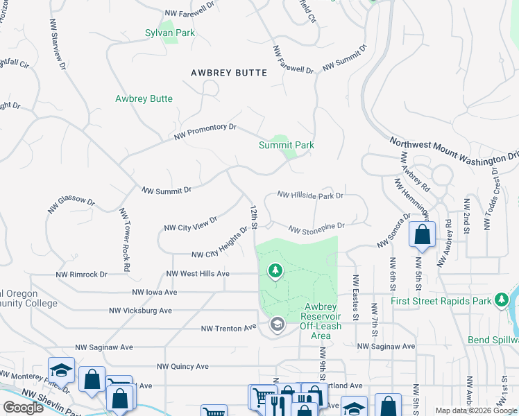 map of restaurants, bars, coffee shops, grocery stores, and more near 1182 Northwest Hillside Park Drive in Bend