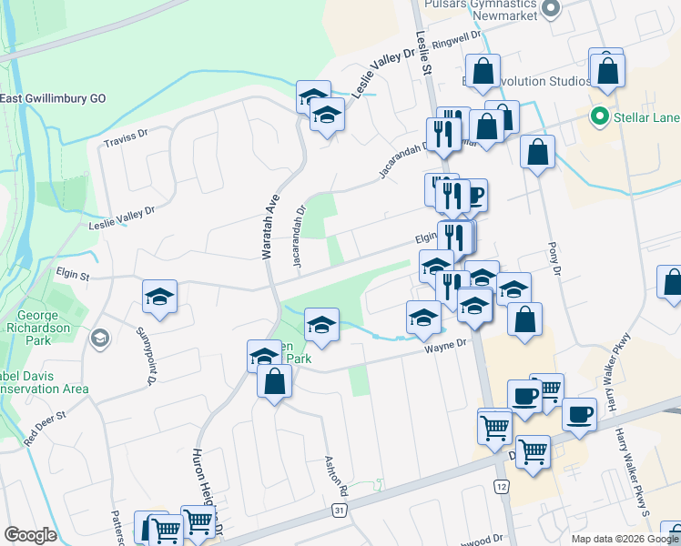 map of restaurants, bars, coffee shops, grocery stores, and more near 932 Elgin Street in Newmarket