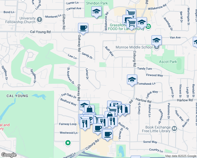 map of restaurants, bars, coffee shops, grocery stores, and more near 833 Lariat Drive in Eugene