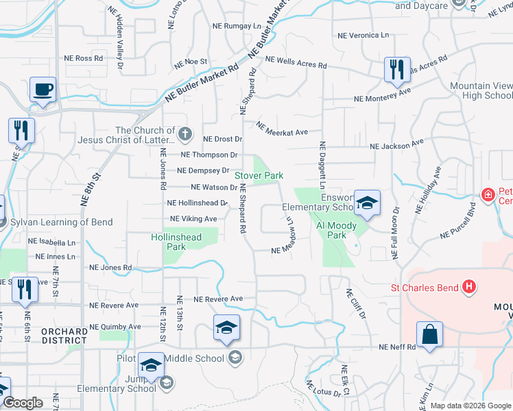 map of restaurants, bars, coffee shops, grocery stores, and more near 2236 Northeast Pheasant Lane in Bend
