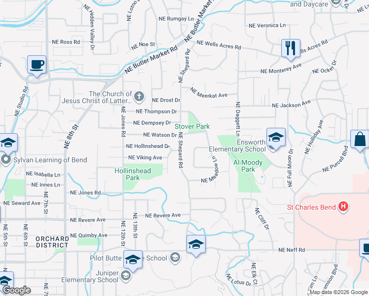 map of restaurants, bars, coffee shops, grocery stores, and more near 2191 Northeast Shepard Road in Bend