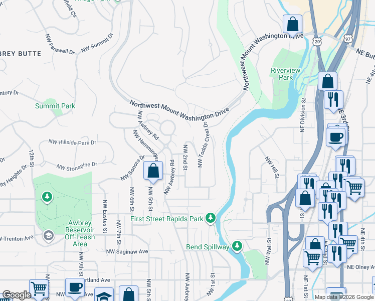 map of restaurants, bars, coffee shops, grocery stores, and more near 2428 Northwest 2nd Street in Bend